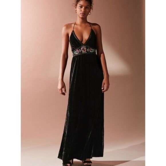 NWT UO URBAN OUTFITTERS Black Dahlia Velvet Beaded Backless Maxi Dress, L Large - Picture 2 of 12